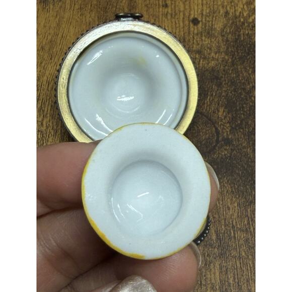 Vintage LIMOGES STYLE Yellow Hand Painted SUN HAT Trinket Box Hat W Hat Box - Picture 12 of 14